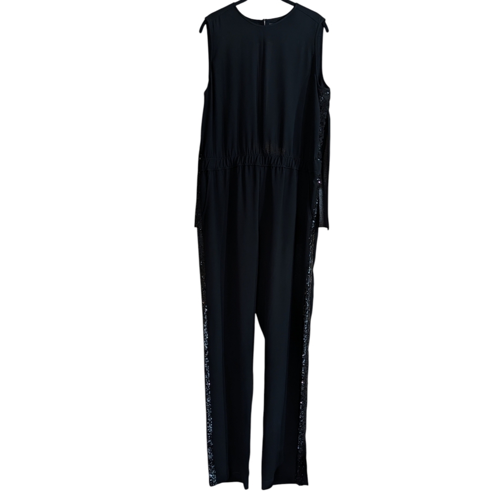 BCBGMAXAZRIA Mirabella Black Jumpsuit NWT Sequin Side Panels Sleeveless Size L - Picture 3 of 16